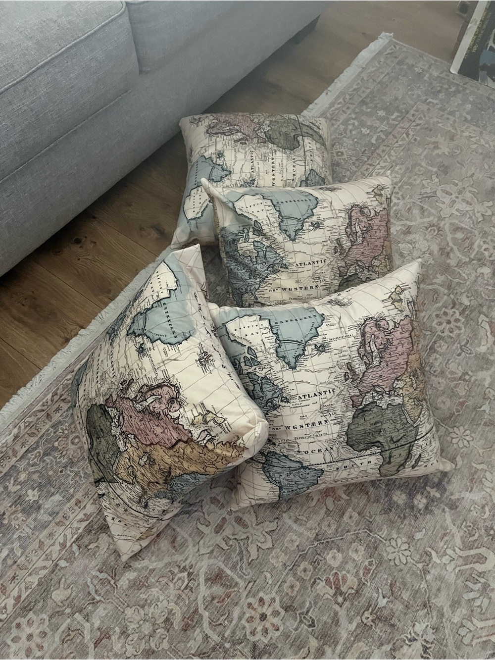 Vintage World Map Decorative Throw Pillow Covers Cream Blue Green